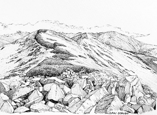 北アルプス　薬師岳　山頂から　2022.  Ink on paper. 