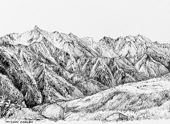 槍ヶ岳を眺めながら歩く　2022　　Ink on paper.     Private collection.