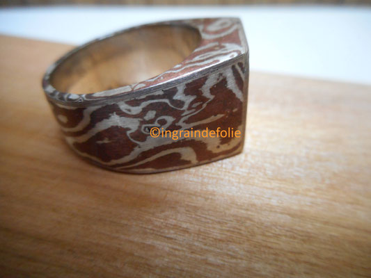 chevalière mokume-gane, cuivre et argent