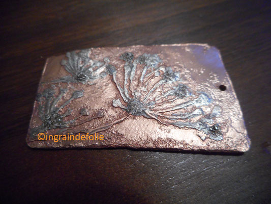 Gravure eau forte, fusion argent, pendentif cuivre, pissenlit