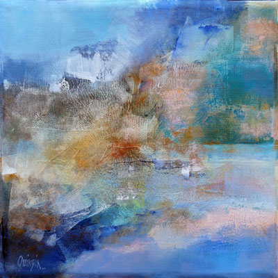 Tableau abstrait aux nuances de bleu, turquoise et ocre, évoquant un paysage brumeux et lumineux.