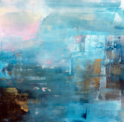 "L'heure bleue" Peinture acrylique, enduits et feuilles d'or sur toile 80 x 80 Disponible