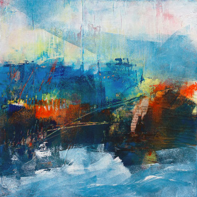 "La course du torrent" technique mixte sur bois 30 x 30 Disponible
