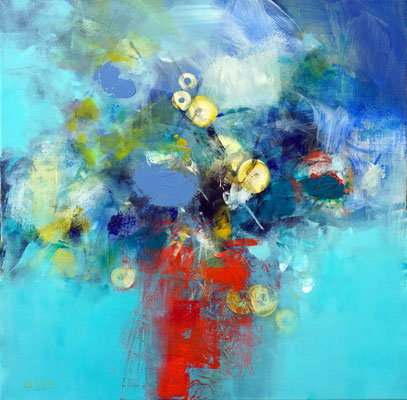 "Blue and yellow flowers in an orange pot" acrylique sur toile 80 x 80 Disponible