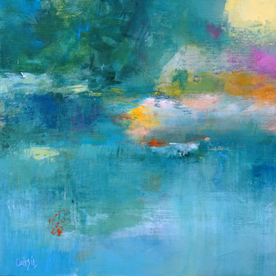 Brise d'été sur un étang turquoise aux reflets végétaux verts et bleus, illuminé de touches jaunes et roses dans un style abstrait.