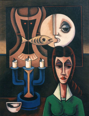 Frau mit Mond und Fisch  1988    83 x 100  V.V. 75