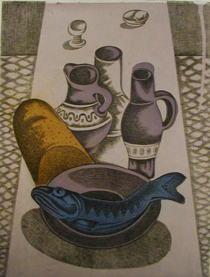 Stillleben mit blauen Fisch  1977  30 x 39,5 ( Ätz )