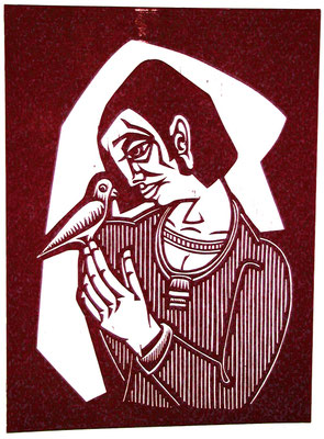 Frau mit Vogel  1983  45 x 60       Platte vorhanden