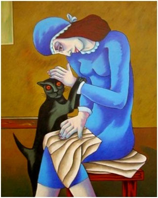 Frau mit Katze  1998  90 x 120