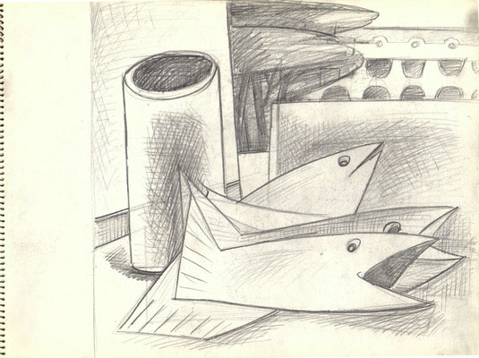 Blatt Nr. 16   1.1967  ( Öl )  Stillleben mit Fischen auf Ischia  1975   V.V.50a