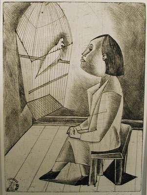 Frau vor Vogelkäfig  1957  23 x 32                ( 3 )