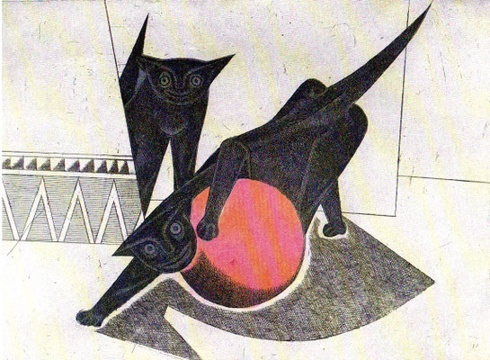 Spielende Katzen  1977  39,5 x 30 ( Ätz )         ( 3 )