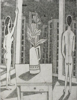 Ehepaar vor Fensterfront  1979  29,5 x 39,5 ( Ätz )     ( 1 )