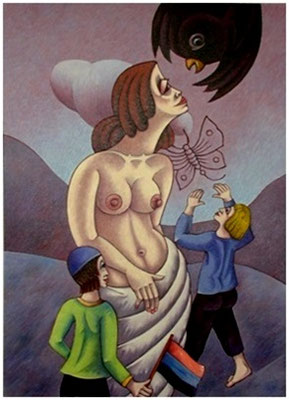 Frauenakt mit spielenden Kindern  1995  94 x 130