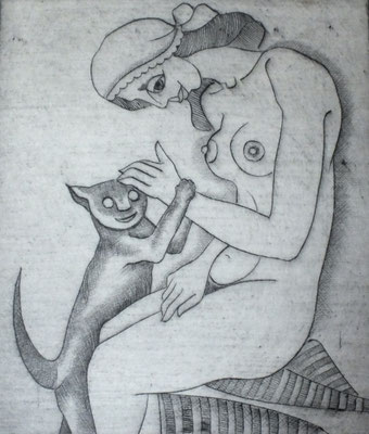 Frau mit Katze  1977    15 x 20  R,G.V.  47