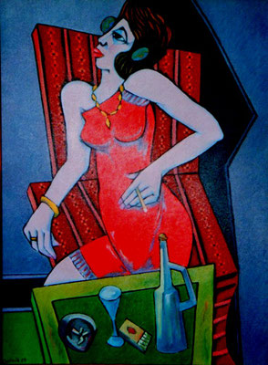Frau mit rotem Kleid  2004    75 x 100
