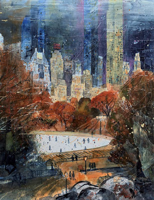 NY_ Eislaufbahn im Central Park "Wollman Rink"_Aquarell 50x65cm_10-2021