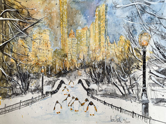 New York_ Wintertimes at Gapstow-Bridge_ Aquarell 38x56cm_10-2021