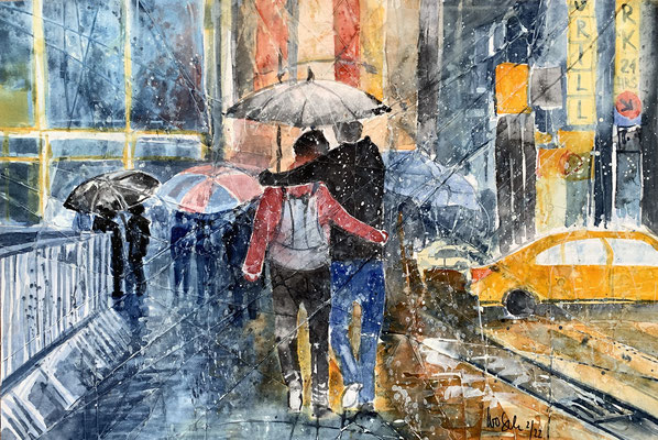 NY_ At Times Square "A rainy day"_ Aquarell 38x56 cm_ 2-2022