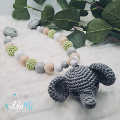 Spielkette Elefant in grau und Häkelperlen in lemon