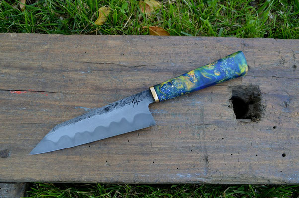 Cuisine #530, gyuto 135Cr3, laiton & loupe d'érable teintée & stabilisée, 180mm
