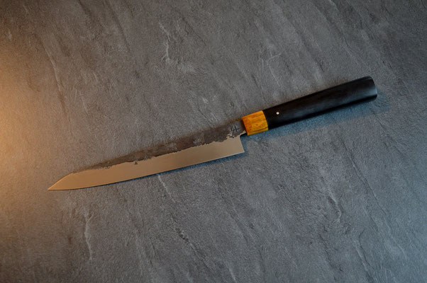 #427 Sujihiki 135Cr3, ébène noir & frêne stabilisé jaune, 210mm
