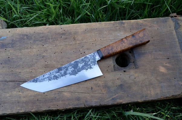 Cuisine #647, nakimaru 135Cr3, fibre de carbone & loupe d'olivier stabilisé, 195mm