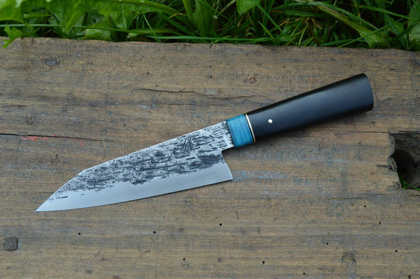 Cuisine #779, Petit gyuto 135Cr3, ébène du Gabon & érable ondé bleu, 165mm