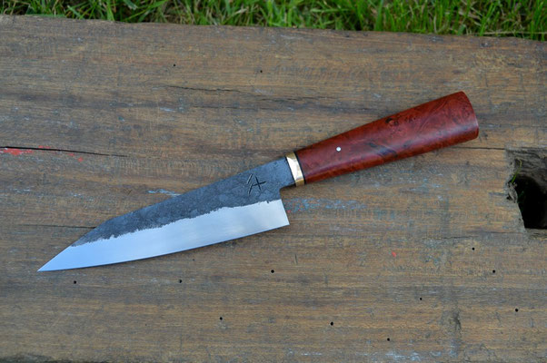Cuisine #508, Bunka 135Cr3, laiton & loupe de marronier stabilisée, 150mm