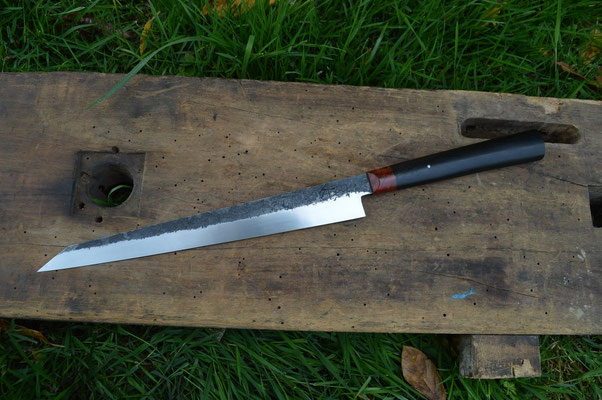 Cuisine #626, sujihiki 135Cr3, ébène du Gabon & peuplier stabilisé rouge, 275mm