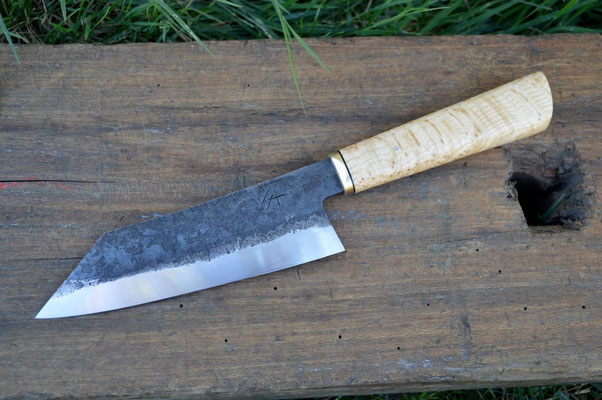 Cuisine #537, Bunka Hakata 135Cr3, laiton & loupe de frêne, 180mm