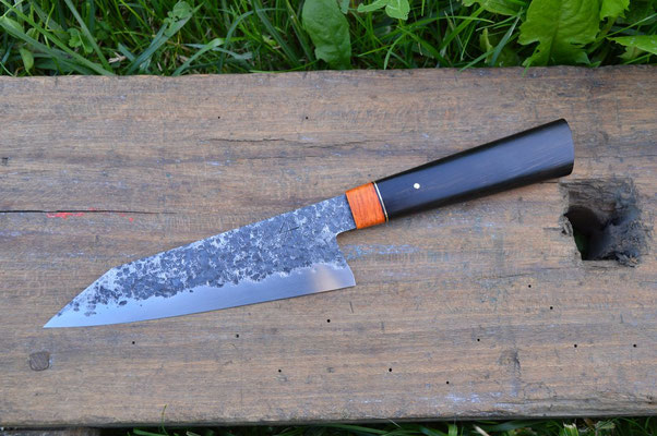 Cuisine #763, Gyuto 135Cr3, loupe d'érable, ébène du Gabon & laiton, 190mm