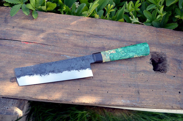 Cuisine #504, nakiri 135Cr3 & loupe d'érable turquoise, 160mm