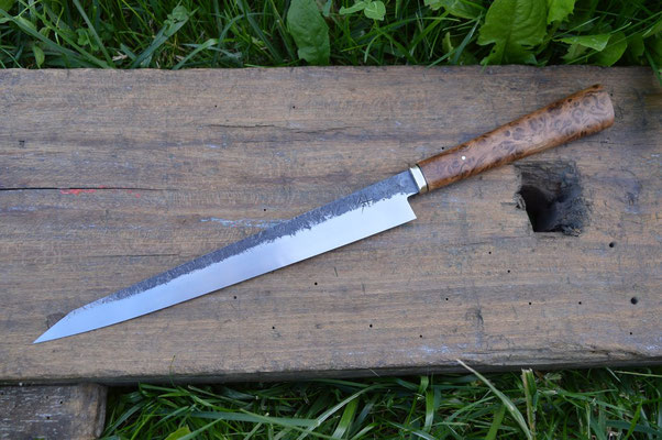 Cuisine #757, Sujihiki 135Cr3, laiton & loupe de chêne, 270mm