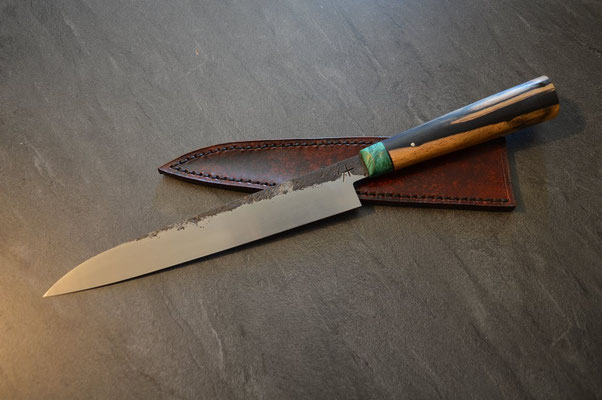 #438, sujihiki 135Cr3, ébène royal & loupe d'érable turquoise, 215mm