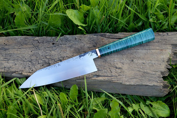 Cuisine #453, gyuto 135Cr3, cuivre & érable ondé stabilisé 175mm