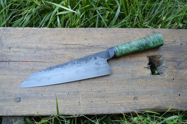 Cuisine #834, gyuto 135Cr3, bouleau madré stabilisé & corne de buffle, 225mm