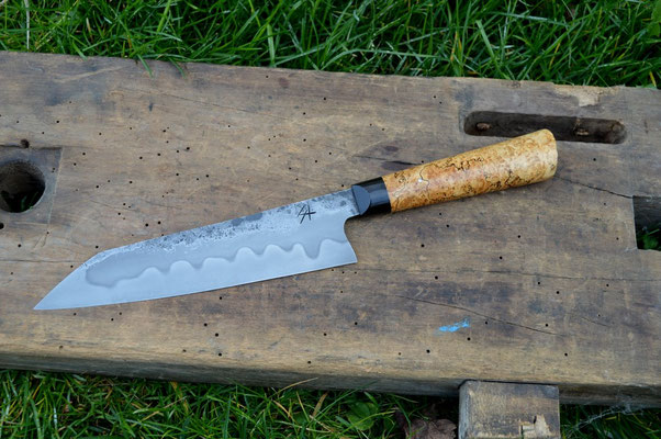 Cuisine #487, gyuto 135Cr3, loupe d'érable échauffé & ébène noir, 215mm