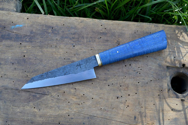 Cuisine #662, honesuki 135Cr3, érable ondé stabilisé & laiton, 130mm