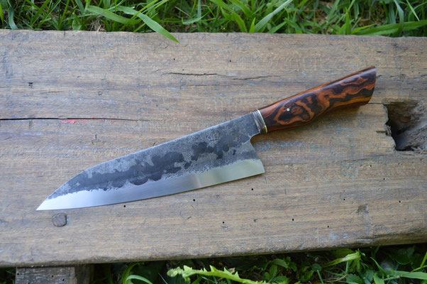 Cuisine #829, gyuto 135Cr3, FatCarbon laiton & bois de fer, 205mm