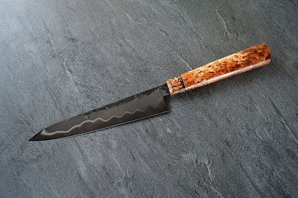 #414, sujihiki 135Cr3, loupe de tilleul et hêtre échauffé, 205mm