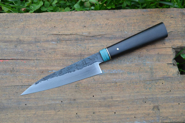 Cuisine #774, Petty 135Cr3, ébène du Gabon & érable ondé bleu, 145mm