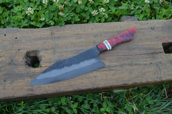 Cuisine #817, Gros truc qui coupe 135Cr3, bouleau madré stab, laiton & turquoise, 245mm