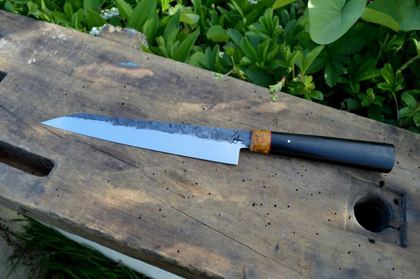 Cuisine #502, sujihiki 135Cr3 ébène noir & loupe d'érable, 215mm