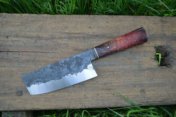 Cuisine #803, nakiri 135Cr3, FatCarbon laiton & bouleau madré stabilisé, 150mm