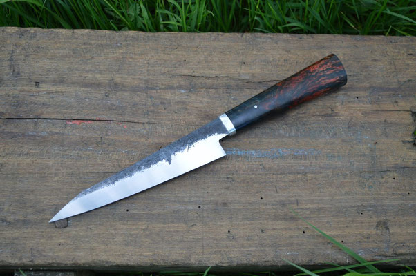 Cuisine #802, petty 135Cr3, bouleau madré stabilisé & aluminium, 160mm
