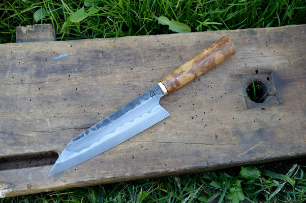 Cuisine #500, gyuto S grind 135Cr3, laiton & loupe de frêne stabilisée 190mm