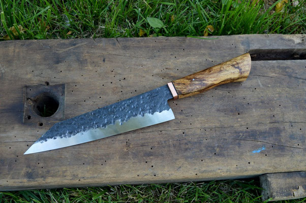 Cuisine #525, gyuto 135Cr3, loupe de frêne & cuivre, 215mm