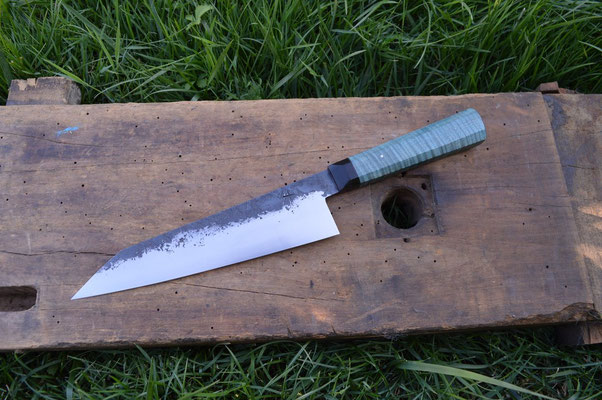 Cuisine #645, gyuto 135Cr3, ébène du Gabon & érable ondé bleu, 230mm