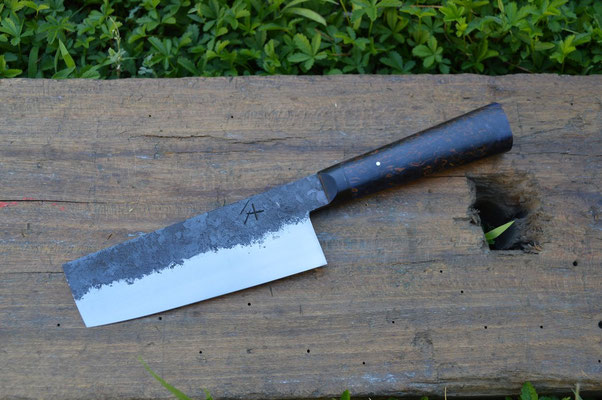 Cuisine #652, nakiri 135Cr3, corne de buffle & bouleau madré stab. bleu, 155mm